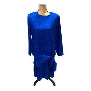 Cute Vintage 80s blue floral silk drop waist Pat Argenti bow luxury dress